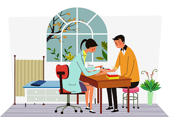 전신 나무 여자 남자 화분 일러스트 창문 건강 병원 앉기 성인 두명 진료 환자 의사 혈액 책상 건강검진 혈액검사 혈액채취 국내일러스트 AI파일 식물 가구 의학 모션 사람 의료진 검사_조사 파일형식 벡터