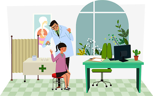 전신 식물 여자 남자 어린이 일러스트 창문 선인장 건강 병원 서기 앉기 성인 두명 컴퓨터 진료 환자 의사 책상 건강검진 청력검사 국내일러스트 AI파일 가구 의학 모션 사람 전자제품 의료진 검사_조사 파일형식 벡터