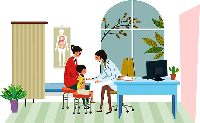 전신 나무 여자 남자 포스터 화분 어린이 일러스트 창문 건강 병원 앉기 성인 세명 컴퓨터 진료 환자 의사 책상 건강검진 가림막 국내일러스트 AI파일 식물 가구 의학 모션 사람 전자제품 의료진 검사_조사 파일형식 벡터