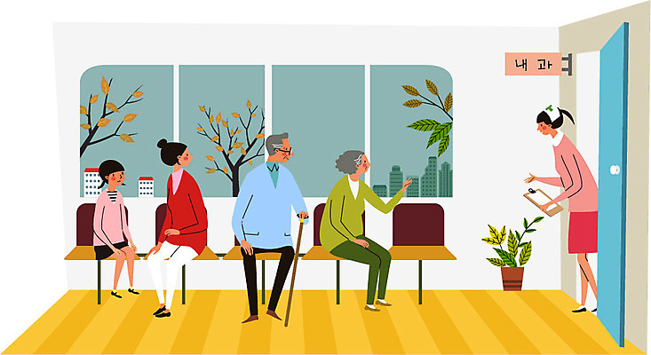 나무 여자 노년 남자 화분 어린이 의자 일러스트 창문 건강 병원 서기 앉기 여러명 성인 문 진료 환자 간호사 대기 건강검진 내과 국내일러스트 AI파일 식물 가구 다수 의학 모션 사람 의료진 검사_조사 파일형식 벡터