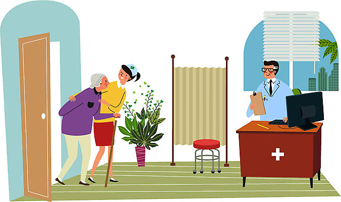 전신 여자 노년 남자 화분 일러스트 창문 건강 병원 서기 앉기 상반신 성인 세명 컴퓨터 진료 환자 간호사 의사 블라인드 책상 건강검진 국내일러스트 AI파일 가구 의학 모션 사람 전자제품 의료진 커튼 검사_조사 파일형식 벡터