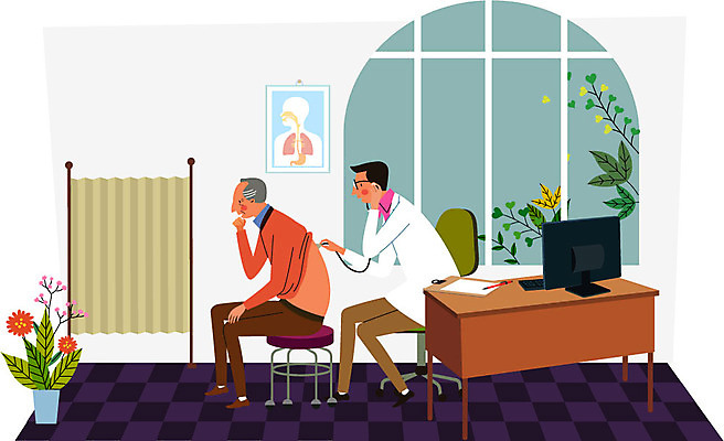 전신 식물 남자 화분 일러스트 창문 건강 병원 앉기 성인 두명 컴퓨터 진료 환자 의사 책상 건강검진 가림막 국내일러스트 AI파일 가구 의학 모션 사람 전자제품 의료진 검사_조사 파일형식 벡터