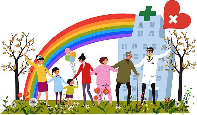 전신 나무 식물 여자 노년 남자 꽃 어린이 무지개 일러스트 함께함 건강 병원 서기 들기 여러명 성인 진료 환자 간호사 의사 풍선 건강검진 국내일러스트 AI파일 자연요소 다수 컨셉 의학 모션 사람 의료진 검사_조사 파일형식 벡터