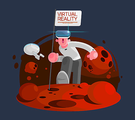 전신 남자 일러스트 한명 성인 우주 행성 깃발 체험 우주선 탐사 우주여행 가상현실 오큘러스 VR기기 국내일러스트 AI파일 1 여행 컨셉 사람 기계 파일형식 벡터