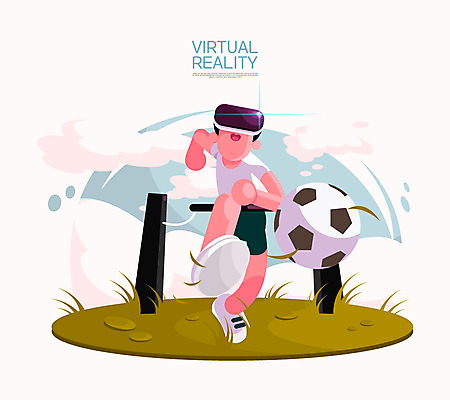 전신 구름 남자 일러스트 축구공 한명 잔디 성인 운동 축구 체험 가상현실 오큘러스 VR기기 국내일러스트 AI파일 자연요소 식물 1 컨셉 공 축구용품 건강 사람 구기 기계 파일형식 벡터