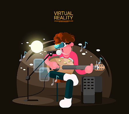 전신 남자 음악 연주 일러스트 노래 한명 성인 기타 체험 마이크 앰프 가상현실 오큘러스 VR기기 국내일러스트 AI파일 1 음향기기 컨셉 현악기 문화예술 사람 기계 파일형식 벡터