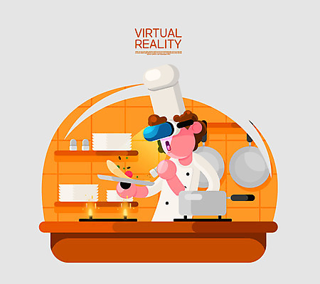 그릇 접시 남자 음식 일러스트 불 요리 한명 상반신 성인 주방 요리사 체험 프라이팬 가상현실 오큘러스 VR기기 국내일러스트 AI파일 자연요소 직업 1 식기 컨셉 주방용품 사람 기계 파일형식 벡터