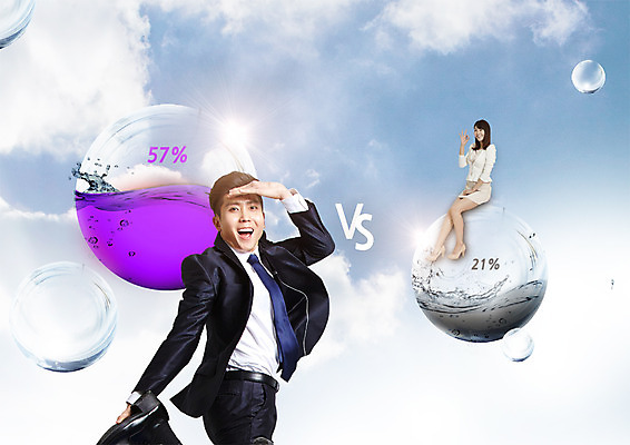 전신 PSD 편집이미지 여자 남자 하늘 20대 성인 두명 경쟁 한국인 비즈니스맨 비즈니스우먼 비눗방울 투표 선거 성인만 이미지편집 컨셉 비즈니스 사람 동양인 청년 직장인 민주주의 파일형식