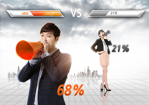 전신 PSD 편집이미지 여자 남자 서기 상반신 20대 성인 두명 확성기 경쟁 한국인 비즈니스맨 비즈니스우먼 투표 선거 이미지편집 컨셉 비즈니스 모션 사람 동양인 청년 직장인 민주주의 파일형식