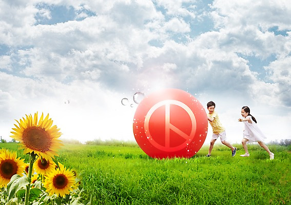 PSD 구름 편집이미지 여자 남자 어린이 공 하늘 해바라기 잔디 두명 한국인 투표 선거 어린이만 이미지편집 자연요소 식물 꽃 사람 동양인 민주주의 파일형식