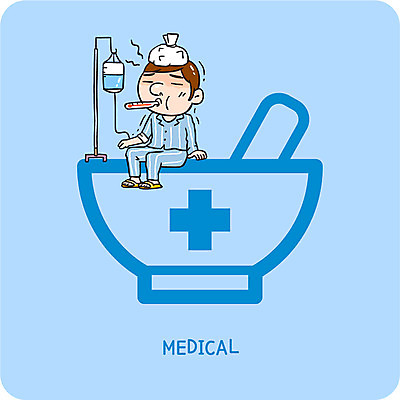 남자 일러스트 의학 한명 치료 환자 링거 막자사발 고열 수은체온계 얼음찜질 볼드라인 국내일러스트 AI파일 1 의료기기 사람 사발 라인아이콘 온도 파일형식 벡터