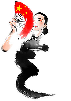 PSD 여자 일러스트 캘리그라피 붓터치 한명 상반신 성인 중국인 부채 오성홍기 국내일러스트 외국인 1 사람 동양인 중국 국기 파일형식