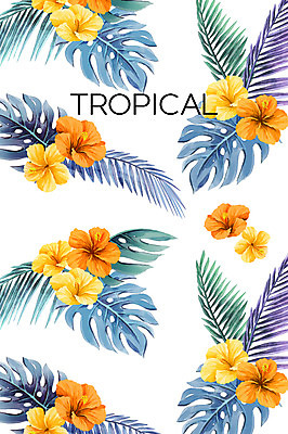 PSD 꽃 백그라운드 일러스트 열대 사람없음 여름 야자수잎 몬스테라 히비스커스 보테니컬아트 트로피컬아트 국내일러스트 식물 계절 잎 그림 파일형식