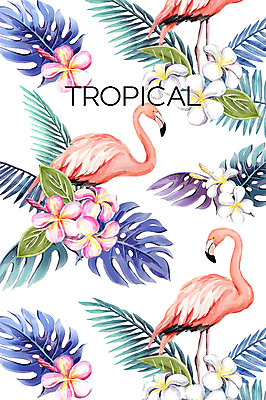 PSD 백그라운드 일러스트 열대 세마리 사람없음 여름 플라밍고 플루메리아 야자수잎 몬스테라 보테니컬아트 트로피컬아트 국내일러스트 식물 계절 꽃 잎 조류 3 그림 파일형식