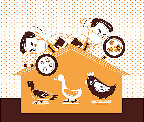 남자 일러스트 조류 돋보기 상반신 성인 두명 바이러스 전문직 예방 감염 전염 경로 조류독감 국내일러스트 AI파일 동물 직업 사람 질병 전염병 파일형식 벡터