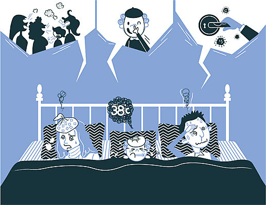 손 여자 남자 어린이 일러스트 가족 손잡이 여러명 상반신 성인 신체부위 고통 침대 바이러스 감기 감염 전염 공공장소 경로 고열 국내일러스트 AI파일 감정 가구 다수 관계 사람 장소 질병 온도 파일형식 벡터