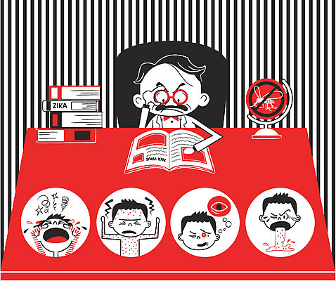 남자 어린이 일러스트 여러명 상반신 성인 책 고통 열 바이러스 전문직 연구원 책상 감염 전염 구토 모기 증상 충혈 지카바이러스 국내일러스트 AI파일 직업 감정 가구 다수 사람 해충 질병 파일형식 벡터