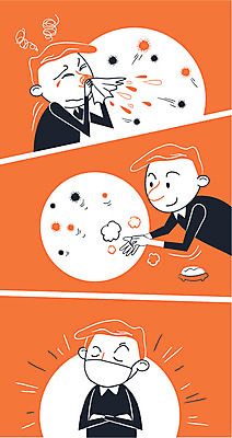 남자 일러스트 마스크 상반신 성인 세명 청결 고통 바이러스 감기 예방 감염 비누 손씻기 박테리아 코감기 코로나바이러스 국내일러스트 AI파일 감정 의학 사람 위생용품 위생 씻기 질병 감기_질병 파일형식 벡터