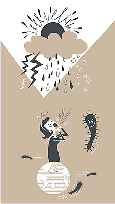 전신 구름 여자 지구 일러스트 한명 성인 태양 눈 비 바이러스 번개 무서움 공포 감염 박테리아 기후변화 유전자변형 국내일러스트 AI파일 자연요소 1 감정 의학 날씨 사람 변화 파일형식 벡터