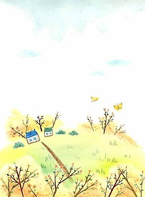 PSD 계절 꽃 길 나비 일러스트 하늘 주택 사람없음 풀 개나리 계절백그라운드 국내일러스트 식물 곤충 백그라운드 건물 파일형식