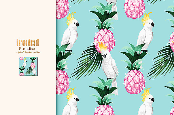 PSD 식물 열매 ZIP 잎 패턴 일러스트 나뭇잎 열대 사람없음 열대식물 파인애플 앵무새 트로피컬아트 국내일러스트 무늬 과일 조류 열대과일 그림 파일형식