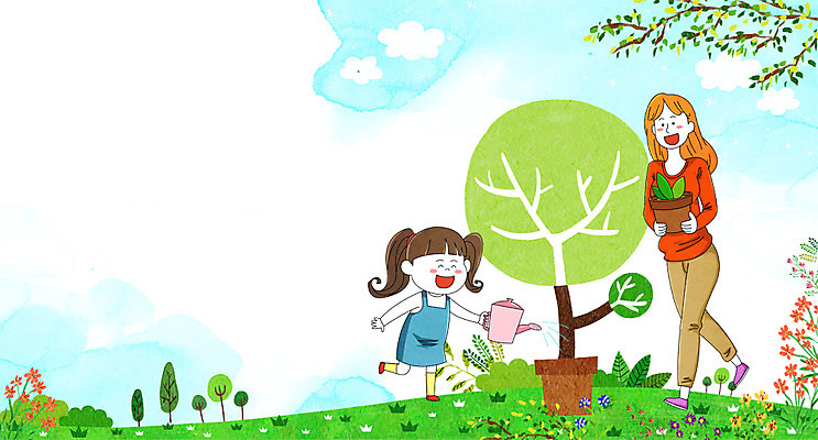 전신 PSD 나무 여자 꽃 딸 화분 어린이 일러스트 가족 하늘 모녀 엄마 성인 두명 화목 봄 물뿌리개 국내일러스트 식물 계절 컨셉 관계 사람 파일형식