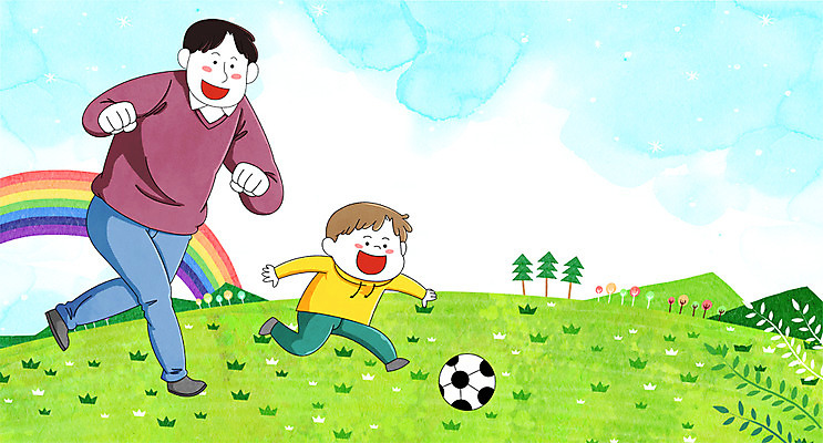 전신 PSD 나무 남자 아들 어린이 무지개 일러스트 가족 하늘 초원 성인 두명 축구 화목 봄 아빠 공놀이 부자지간 남자만 국내일러스트 자연요소 식물 계절 컨셉 공 관계 놀이 사람 구기 파일형식