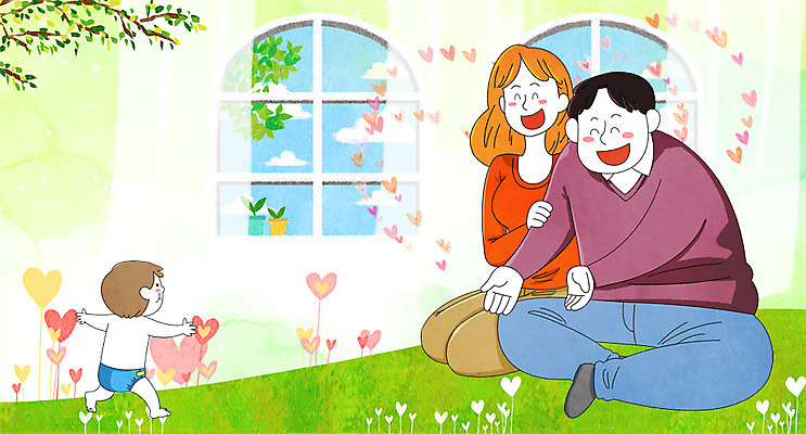 전신 PSD 나무 여자 남자 아들 어린이 일러스트 창문 가족 엄마 성인 세명 화목 봄 하트 아빠 걸음마 국내일러스트 모양 식물 계절 컨셉 관계 모션 사람 파일형식