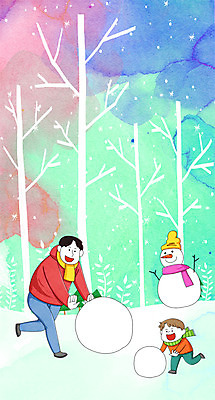 전신 PSD 나무 남자 아들 어린이 겨울 일러스트 가족 눈사람 성인 두명 화목 아빠 국내일러스트 식물 계절 컨셉 관계 사람 파일형식