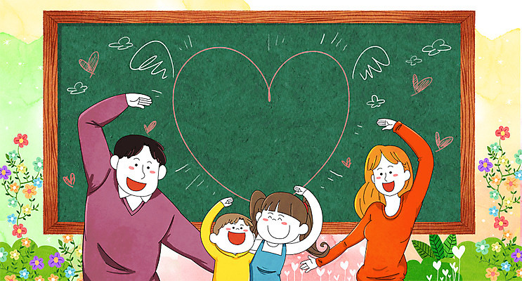 PSD 여자 남자 꽃 딸 아들 어린이 일러스트 가족 엄마 여러명 상반신 성인 칠판 화목 봄 하트 아빠 손하트 국내일러스트 모양 식물 계절 다수 컨셉 관계 사람 손짓 파일형식