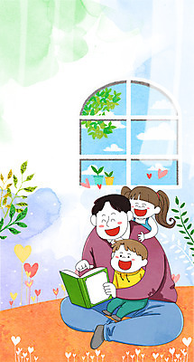 전신 PSD 나무 여자 남자 꽃 딸 아들 어린이 일러스트 창문 가족 상반신 성인 세명 독서 화목 봄 하트 아빠 동화책 국내일러스트 모양 식물 계절 컨셉 관계 사람 책 파일형식