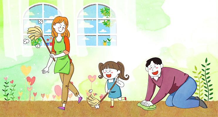 전신 PSD 여자 남자 꽃 딸 일러스트 창문 가족 엄마 웃음 성인 세명 화목 봄 하트 아빠 빗자루 청소 걸레 국내일러스트 모양 식물 계절 컨셉 관계 표정 사람 청소도구 파일형식