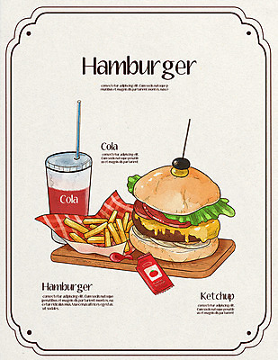 PSD 음식 일러스트 패스트푸드 사람없음 감자튀김 햄버거 케첩 콜라 국내일러스트 감자 튀김 소스_음식 인스턴트 탄산음료 파일형식