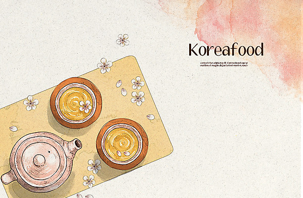 PSD 한식 음식 일러스트 사람없음 벚꽃 차 찻잔 찻주전자 국내일러스트 꽃 음료 주전자 잔 파일형식