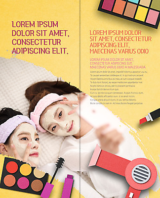 PSD 템플릿 편집 표지디자인 북디자인 출판디자인 여자 내지 리플렛 2단접지 북커버 팜플렛 상반신 20대 성인 두명 화장 뷰티 한국인 립스틱 드라이어 피부관리 마스카라 브이 아이섀도 마스크팩 이미지템플릿 사람 동양인 손짓 청년 화장품 미용용품 팩 파일형식