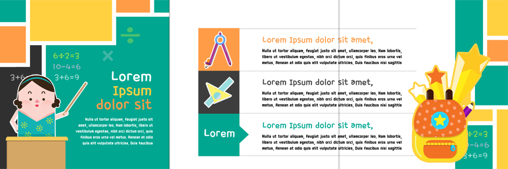 PSD 템플릿 편집 표지디자인 북디자인 출판디자인 여자 어린이교육 교육 내지 리플렛 북커버 3단접지 책가방 한명 팜플렛 성인 교사 칠판 삼각자 컴파스 지시봉 이미지템플릿 직업 1 가방 문구용품 자 사람 파일형식