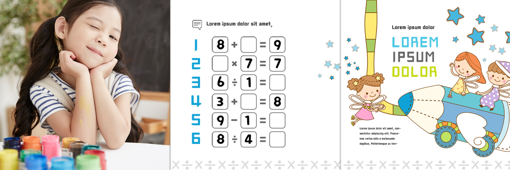 PSD 템플릿 편집 표지디자인 북디자인 출판디자인 여자 어린이교육 교육 남자 내지 어린이 리플렛 북커버 3단접지 윙크 팜플렛 여러명 상반신 숫자 연필 턱괴기 물감 한국인 이미지템플릿 문자 다수 모션 학용품 표정 사람 동양인 필기구 미술도구 파일형식