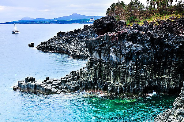 포토 JPG 주간 나무 바다 요트 자연 풍경 사람없음 야외 관광지 제주도 바위 주상절리 국내포토 자연요소 식물 여행 배_교통 한국 돌_바위 생태계 파일형식