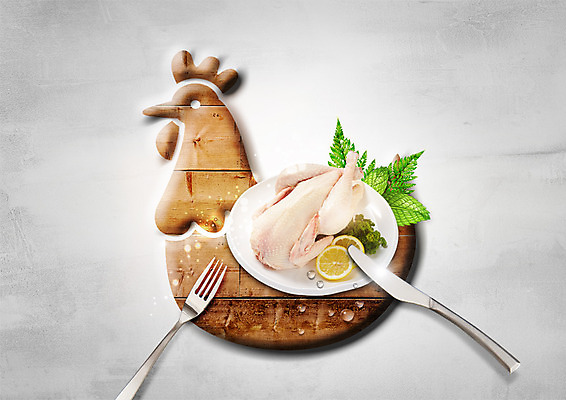 PSD 편집 편집이미지 접시 포크 식재료 나뭇잎 파슬리 사람없음 닭고기 닭 나이프 레몬 생닭 이미지편집 식기 잎 채소 과일 조류 육류 칼 파일형식