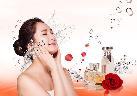 PSD 편집 편집이미지 우먼라이프 여자 한명 상반신 20대 성인 옆모습 뷰티 장미 눈감음 한국인 물방울 수분 향수 피부관리 의료성형뷰티 이미지편집 1 라이프스타일 꽃 뷰포인트 모션 사람 동양인 청년 화장품 파일형식