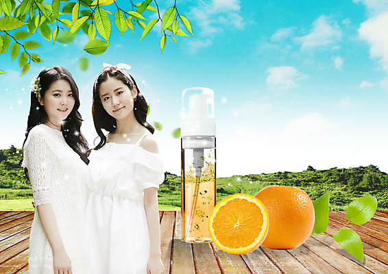 PSD 구름 편집 편집이미지 우먼라이프 여자 오렌지 하늘 나뭇잎 상반신 20대 성인 두명 뷰티 화장품 한국인 마루 피부관리 미스트 에센스 이미지편집 자연요소 라이프스타일 잎 과일 바닥 사람 동양인 청년 파일형식