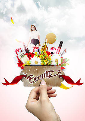 PSD 구름 편집 편집이미지 우먼라이프 손 여자 꽃 리본 하늘 한손 들기 상반신 20대 성인 두명 신체부위 선물상자 화장 뷰티 라벨 한국인 립스틱 립글로스 에센스 이미지편집 자연요소 식물 라이프스타일 모션 프레임 선물 사람 동양인 청년 상자 화장품 파일형식