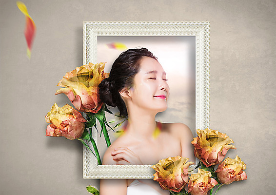 PSD 편집 편집이미지 우먼라이프 여자 액자틀 한명 상반신 20대 성인 뷰티 장미 눈감음 한국인 의료성형뷰티 이미지편집 1 라이프스타일 꽃 액자 모션 틀 사람 동양인 청년 파일형식