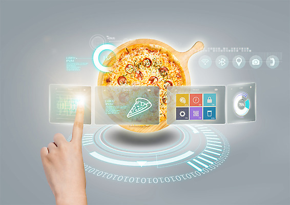 PSD 편집 편집이미지 손 그래프 한손 피자 스마트라이프 한명 손짓 신체부위 터치 스마트 터치스크린 홀로그램 4차산업 이미지편집 1 라이프스타일 산업 컨셉 모션 패스트푸드 서양음식 사람 파일형식