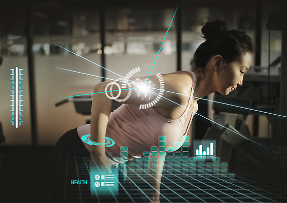 PSD 편집 편집이미지 여자 스마트라이프 한명 상반신 20대 성인 옆모습 운동복 헬스 한국인 스마트 홀로그램 이미지편집 1 라이프스타일 옷 뷰포인트 컨셉 사람 동양인 청년 운동 파일형식