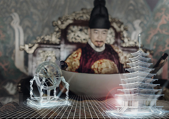 PSD 편집 편집이미지 한국문화 한국전통 노년 남자 건축 스마트라이프 한명 성인 한국인 문화재 역사 석탑 60대 한복 왕 조선시대 스마트 문서 옥좌 홀로그램 이미지편집 1 동양문화 전통 라이프스타일 컨셉 한국 사람 동양인 탑 전통의상 파일형식