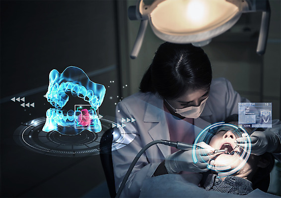 PSD 편집 편집이미지 여자 남자 의학 치과 스마트라이프 상반신 성인 두명 치료 30대 눕기 한국인 환자 치아 60대 스마트 치과의사 치과용품 홀로그램 이미지편집 라이프스타일 노년 컨셉 모션 병원 사람 동양인 장년 의사 의료용품 소화기관 파일형식