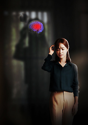 PSD 편집 편집이미지 여자 의학 그림자 한명 상반신 20대 성인 한국인 비즈니스우먼 질병 뇌 두통 이미지편집 1 비즈니스 사람 동양인 청년 직장인 파일형식