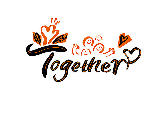 PSD 영어 일러스트 캘리그라피 나뭇잎 사람모양 함께함 글자캘리그라피 주황색 하트 손인사 국내일러스트 모양 문자 컬러 컨셉 잎 인사 파일형식