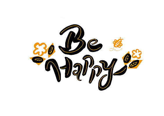 PSD 영어 행복 꽃무늬 일러스트 캘리그라피 글자캘리그라피 사람없음 노란색 검은색 꿀벌 국내일러스트 문자 꽃 감정 컬러 무늬 벌_곤충 파일형식